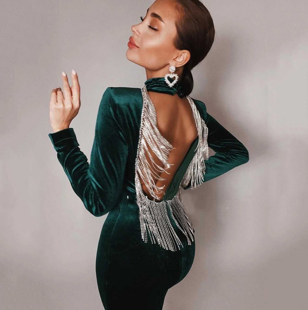 Green Sexy Fashion Backless Diamonds Tassel Rayon Velvet Dress - Picture 5 of 6